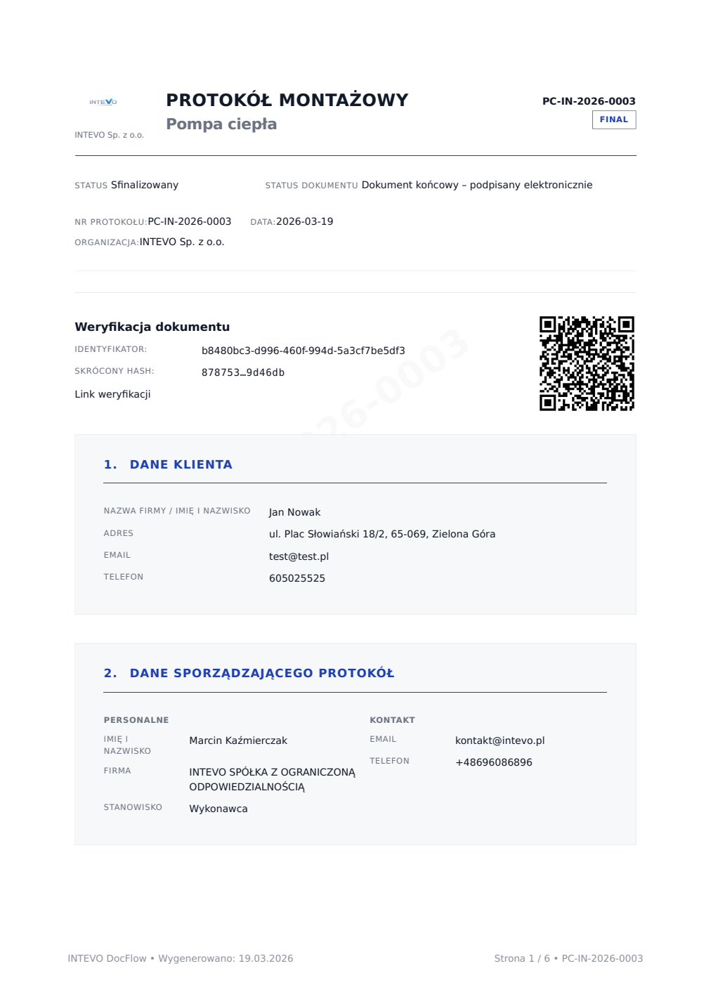 DocFlow — pierwsza strona finalnego PDF protokołu montażowego